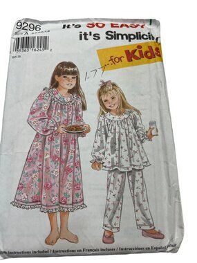 Simplicity Sewing Pattern 9296 Girls Nightgown and Pajamas Size A (3-8) New Uncu